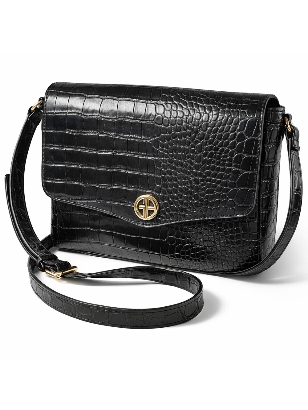 Gianni Bini Black Croc Embossed Crossbody Bag Gold Logo Shoulder Purse Chic